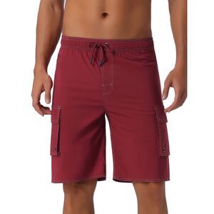 Drawstring Waist Solid Color Side Pockets Lining Summer Board Shorts Red